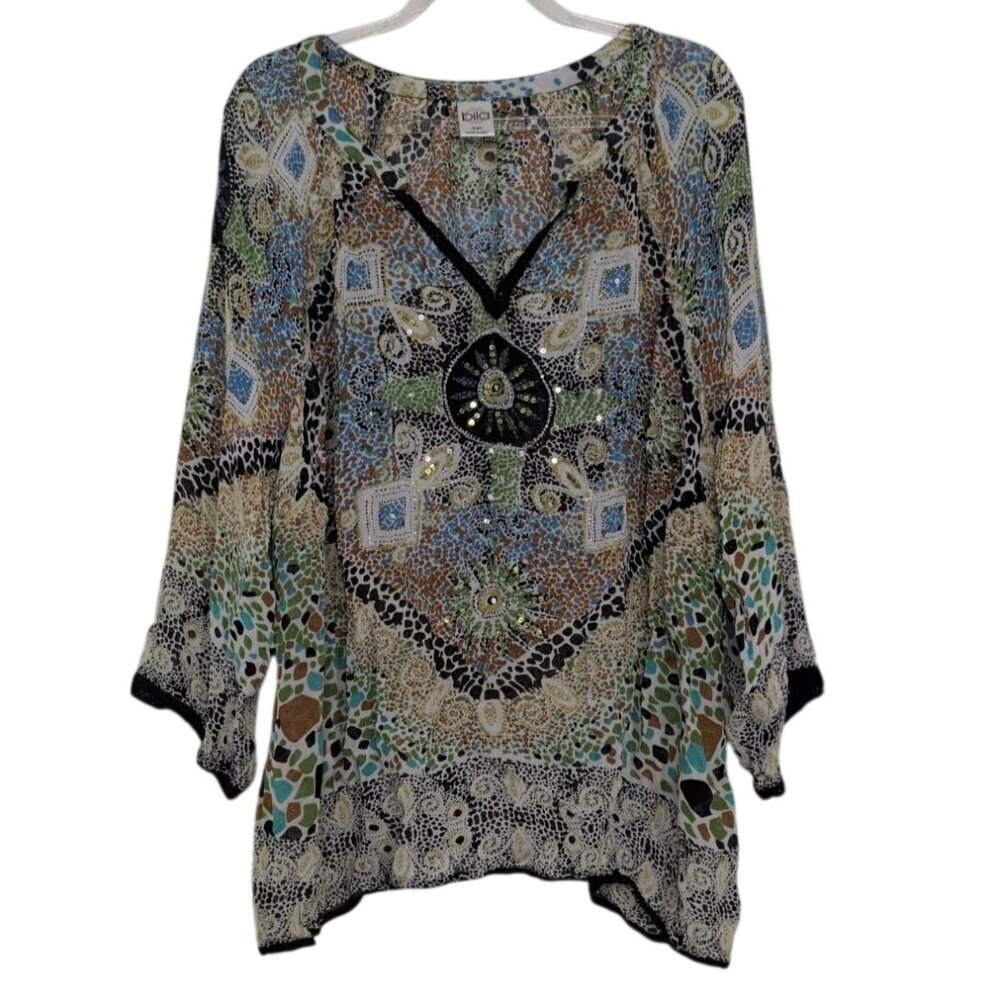 Bila Mosaic Shirt Womens Size XXL Sequins V Neck Sheer Boho Festival 3/4 Sleeve